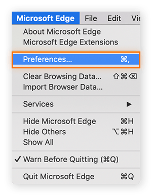 Select "Preferences" under the Microsoft Edge menu